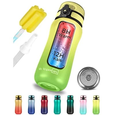 Abbildung von My Vesperbox Thermo Minny Edelstahl Trinkflasche auslaufsicher mit Strohhalm oder Sieb 400ml, 600ml Robuste Wasserflasche für Kinder und Erwachsene BPA frei (Grün Gelb, 400 ml)