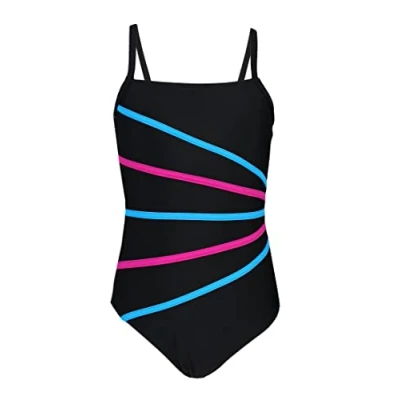 Abbildung von Aquarti Mädchen Badeanzug mit Spaghettiträgern Streifen Sport Mädchen, Chlorresistent, Farbe: Schwarz/Streifen Amarant Türkis, Größe: 158