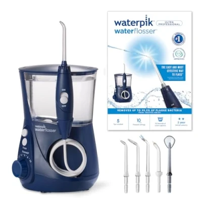 Abbildung von Waterpik Ultra Professional Munddusche, feststehend, 7 Aufsätze, 0,7 Bar Druckbereich, 10 Druckeinstellungen, Timer, Blau