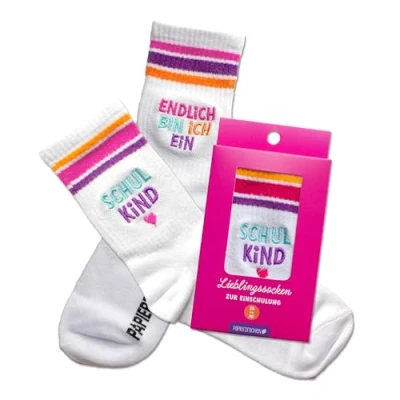 Abbildung von Papierdrachen Schulkind Socken Pink Endlich bin ich ein Geschenk zur Einschulung Kindersocken Größe 26 30 für Jungen und Mädchen Schulanfang Set 01