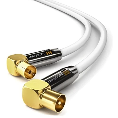 Abbildung von deleyCON 7,5m TV Antennenkabel HDTV Full HD 2x gewinkelt Koaxialkabel Stecker (90 Grad) zu Buchse Metallstecker Weiß