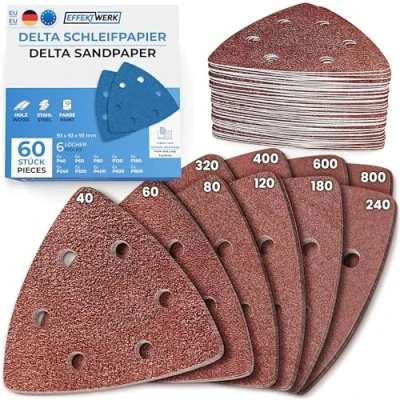 Abbildung von EffektWerk Delta Schleifpapiere (60er Pack, 6 Löcher), 93 x mm dreieckige Schleifpads für Mausschleifer, mehrere Körnungen (40, 60, 80, 120, 180, 240)