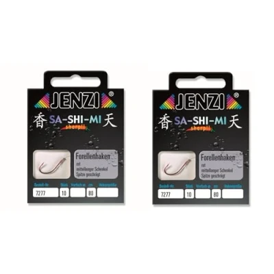 Abbildung von 2 Packungen Set JENZI gebundene Forellenhaken (20 Stück) Mono, 80cm Hakengröße 4, 6, 8, 10 &amp; 12 je nach Auswahl + gratis Petri Heill! Aufkleber (Hakengröße 6)