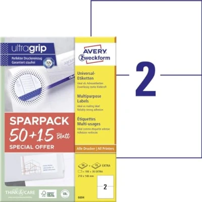 Abbildung von AVERY Zweckform 6604 Universal Etiketten (100 plus 30 Klebeetiketten extra, 210x148mm auf A4, bedruckbare Versandetiketten, selbstklebende Versandaufkleber mit ultragrip, DHL) 65 Blatt, weiß