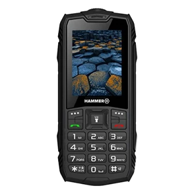 Abbildung von Hammer H Basalt Outdoor Handy ohne Vertrag, 2.4 Zoll Farbdisplay, Robust, Mega Batterie 1800 mAh, Wasserdicht (IP68), Stoßfest, Baustellen Tasten, Taschenlampe, Dual SIM, Tastenhandy Schwartz