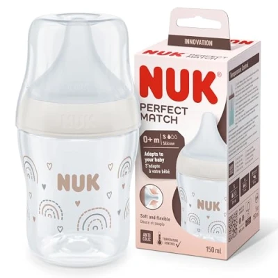 Abbildung von NUK Perfect Match Babyflasche Ab 0 Monate Passt sich dem Baby an Temperature Control Anti Colic 150 ml BPA frei Silikontrinksauger, Small Regenbogen