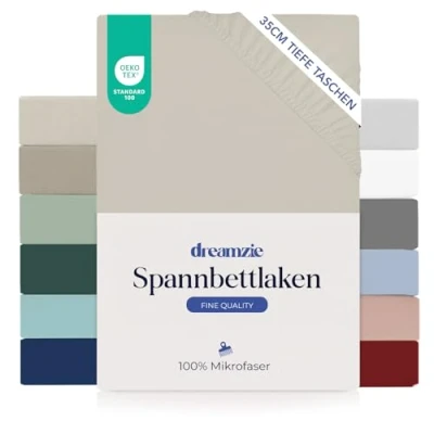 Abbildung von Dreamzie Spannbettlaken 180 x 200cm 35 cm Tiefe Tasche 100% Mikrofaser Bettlaken Beige, Schadstoffgeprüft(Oeko TEX), mit Gummizug