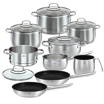 Abbildung von RÖSLE ELEGANCE GLOBE Topfset 10 tlg., 6 hochwertige Kochtöpfe, 1 Dämpfeinsatz, 2 Bratpfannen im Set, Edelstahl 18/10, mit Glasdeckel, spülmaschinengeeignet und induktionsgeeignet, Silberfarben