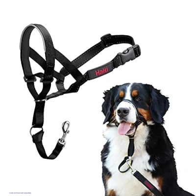 Abbildung von HALTI Kopfgeschirr Verhindert, dass Ihr Hund an der Leine zieht, Einfache Anpassung, Leicht, mit gepolstertem Nasenriemen, Anti Zug Halsband für große Hunde (Größe 4, Schwarz)