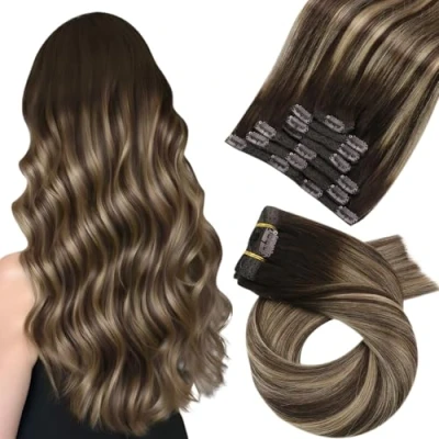 Abbildung von Moresoo Clip in Extensions Echthaar, Salon Qualität Weiches Glattes Haar 55 cm 7 Stück 120g #4/27/4 Balayage Dunkelbraun und Karamellblond, Leicht zu Tragen Solide Langlebig