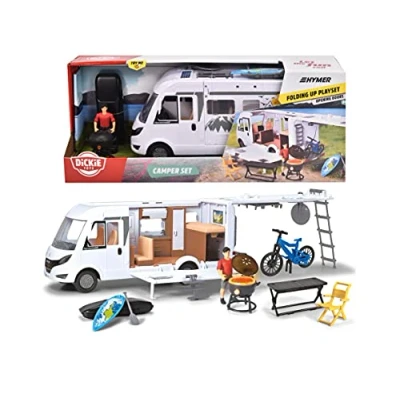 Abbildung von Dickie Toys Spielzeug Wohnmobil (30 cm) aufklappbarer Camping Wagen (weiß) mit viel Zubehör, für Kinder ab 3 Jahren