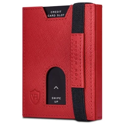 Abbildung von VON HEESEN Leder Slim Wallet Geldbeutel mit RFID Schutz Mini Geldbörse für Herren und Damen Kartenetui Echtleder Karten Portemonnaie klein Kreditkartenetui Rot Saffiano