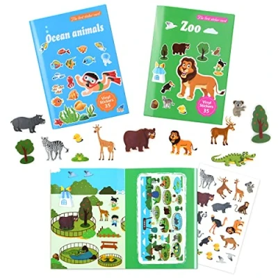 Abbildung von Vicloon Wiederverwendbare Sticker, 70 PCS Aufkleber für Kinder Tiere und Meer Verschiedene Blätter Farbig Aufkleber, Kleinkinder Sticker Mitgebsel Kindergeburtstag Gastgeschenke(2 Bogen)