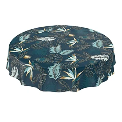 Abbildung von ANRO Wachstuchtischdecke abwaschbar Garten Tischdecke Wachstuch Rund Oval Eckig Indoor Outdoor Blätter Gold Blau 120cm
