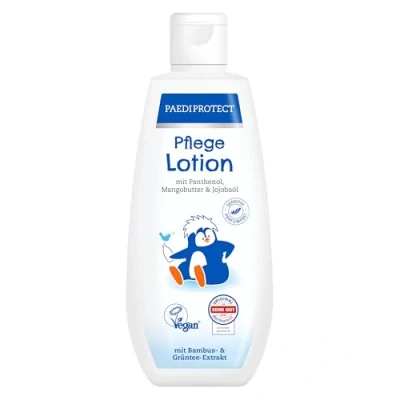 Abbildung von PAEDIPROTECT Pflegelotion Babys &amp; Kinder 200 ml, mit Panthenol, Feuchtigkeitspflege Jojobaöl Mangobutter, für empfindliche und trockene Baby Kinderhaut, vegane Lotion