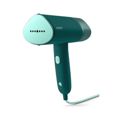 Abbildung von Philips 3000 Serie Tragbarer Dampfglätter 1000 W, 20 g/min Dampfdruck, Abnehmbarer 120 ml Wassertank, Metall Dampfplatte, inkl. Aufbewahrungsbeutel, 660g leicht, Dunkelgrün (STH3020/70)