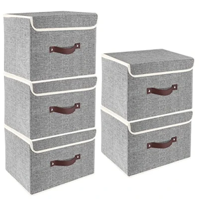 Abbildung von TYEERS Faltbare Aufbewahrungsbox mit Deckel, Stoff, Waschbare, Kisten Aufbewahrung 38x25x25 cm, 5 Stück, Grau