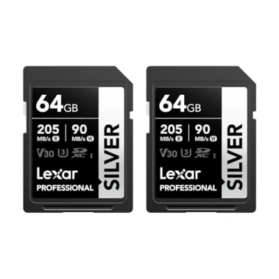 Abbildung von Lexar Silver SD Karte 64GB 2 Pack, UHS I SDXC Card 205 MB/s Read Speed, 90 Write V30, U3, C10, 4K UHD Video, Memory with Lifetime Data Recovery