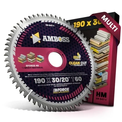 Abbildung von HM Kreissägeblatt 190x30 20 Z60 Flachzahn mit Wechselfase für Multi Feinschnitt. AMBOSS WERKZEUGE® Sägeblatt 190mm +Reduzierring 30mm. 190x20 komp. zu Bosch GKS 190. 65 Metabo KS66 DWE