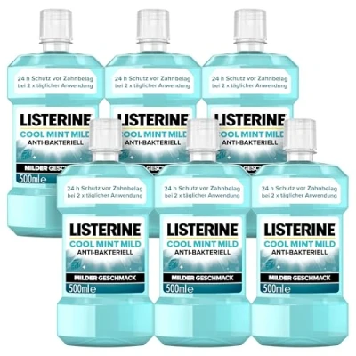 Abbildung von LISTERINE Cool Mint Mild (6 x 500 ml), antibakterielle Mundspülung mit ätherischen Ölen &amp; ohne Alkohol, Mundwasser bekämpft wirksam Bakterien, perfekte Ergänzung zur täglichen Zahnpflege