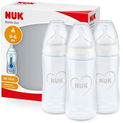 Abbildung von NUK First Choice+ Babyflasche im Set 06 Monate Temperature Control Anzeige Trinksauger aus Silikon Anti Colic Ventil BPA frei 150 ml Grau und Weiß 3 Stück