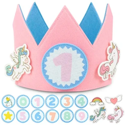 Abbildung von BONNYCO Geburtstagskrone Mädchen Einhorn Auswechselbare Zahlen von 0 bis 9 und thematische Figuren 1. Geburtstag Mädchen, Krone Geburtstagsdeko
