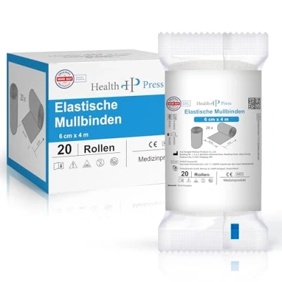 Abbildung von Health Press® Mullbinden Verbandsmaterial (6cm x 4m) 20 Rollen Elastischer Binden Verband Medizinprodukt Dermatologisch getestete Fixierbinde Bandage Ideal für Erste Hilfe &amp; Wundversorgung