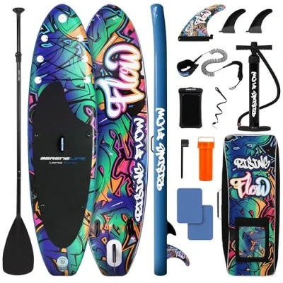 Abbildung von SereneLife Stand Up Paddling Board Set, SUP Komplettes Zubehör, Paddle für Kinder &amp; Erwachsene, Surfbrett Tragetasche, Set Anti Rutsch mit Pumpe, Auflasbares Paddelbrett