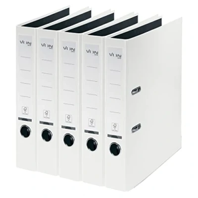 Abbildung von VON Leitz 5er Pack Ordner A4, Karton mit Kunststoffeinband, 50 mm Rückenbreite, Für 350 Blatt, FSC zertifizierter Karton, Schule, Studium &amp; Haushalt, Weiß, 10561001