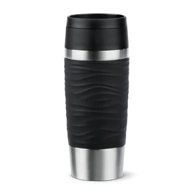 Abbildung von Emsa N20225 Travel Mug Wave Isolierbecher 0,5 Liter neuer Komfort Schraubverschluss Edelstahl 6h heiß und 12h kühl 100% dicht spülmaschinenfest 360 Trinköffnung Schwarz