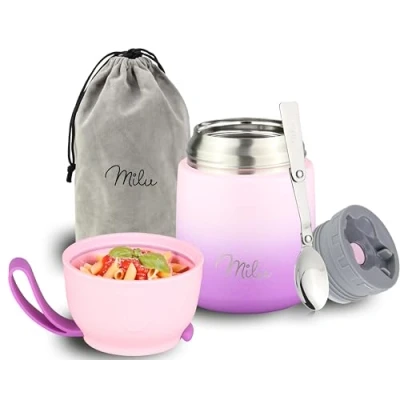 Abbildung von Milu® Thermobehälter 450 ml Edelstahl Warmhaltebehälter Essensbehälter Speisegefäß Babynahrung Essen warmhalten Behälter Thermo Lunchbox Müsli to go Rosa Violet, 450ml