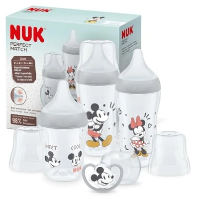Abbildung von NUK Perfect Match Babyflaschenset Ab 0 Monate Passt sich dem Baby an 3 Anti Colic Babyflaschen und Space Schnuller BPA frei Disneys Micky Maus 4 Stück