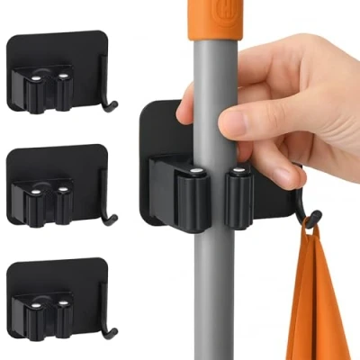 Abbildung von ECENCE Besenhalterung Wand Selbstklebend 4 Stück Besenhalter Ohne Bohren Gerätehalter mit Haken Edelstahl Mop Halter Halterung Besen Kleben für Küche, Badezimmer, Balkon, Garten Schwarz