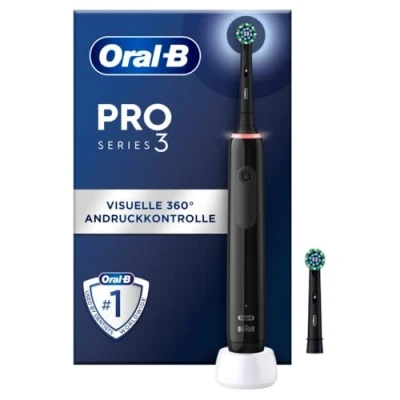 Abbildung von Oral B PRO 3 3000 Elektrische Zahnbürste/Electric Toothbrush, 2 CrossAction Aufsteckbürsten, mit Putzmodi und visueller 360 Andruckkontrolle für Zahnpflege, Geschenk Mann/Frau, schwarz