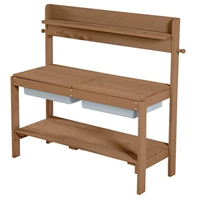 Abbildung von roba Kinder Outdoor Gartenküche Fun Holz Matschküche mit Abnehmbarer Abdeckung 2 Kunststoff Wannen &amp; Ablage Wetterfester Arbeitstisch/Spielküche für draußen Teak, 1 Stück (1er Pack)