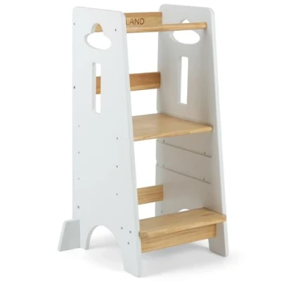 Abbildung von COSYLAND Lernturm ab 18 Monaten 6 Jahre für Kinder Höhenverstellbarer Tritthocker die Küche Stabil Learning Tower Kinder, 3 stufig Verstellbarer (Holzfarbe und Weiß)