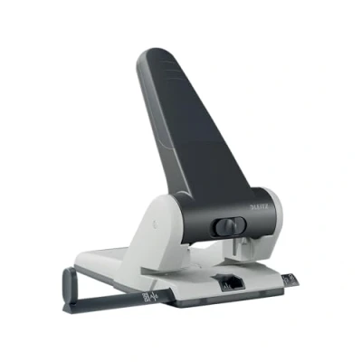 Abbildung von Leitz Extrastarker Registraturlocher aus Metall, für 65 Blatt, Großer Locher das Büro, Anschlagschiene mit Formatangaben, Ergonomisches Design, schwarz, 51800095