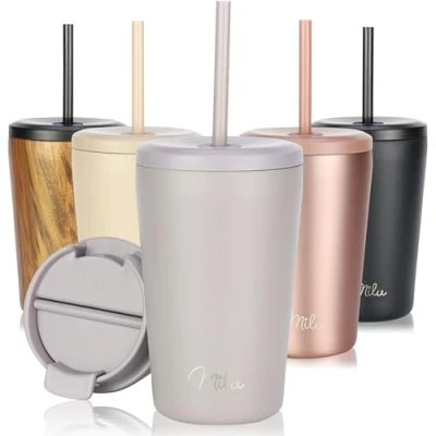 Abbildung von Milu Thermobecher 300ml, 400ml, 500ml 100% Auslaufsicher Edelstahl Kaffeebecher to go isoliert mit Strohhalm hält 10h heiß / 20h kalt, BPA frei (Taupe Grau, 400ml)