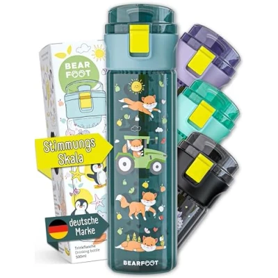 Abbildung von BEARFOOT Trinkflasche Kinder auslaufsicher, 500ml, leichte Tritan Wasserflasche, BPA frei, Kohlensäure geeignet, spülmaschinenfest für Jungen, Mädchen, Kleinkind (Traktor blau, 500ml)