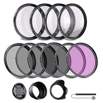 Abbildung von NEEWER 72mm ND Filter Set ND/CPL(Polfilter)/UV/FLD/Nahfilter Objektivzubehör ND2 ND4 ND8 Graufilter (+1/+2/+4/+10) Tulpen Blende, zusammenklappbarer Gummi Objektivdeckel, Filterbeute