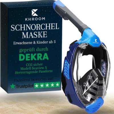 Abbildung von Khroom Schnorchelmaske für Erwachsene &amp; Kinder von DEKRA geprüfte CO2 Sicherheit Vollmaske Seaview X Tauchmaske Schnorchelausrüstung / Schnorchelset Alternative (L XL, Blau)