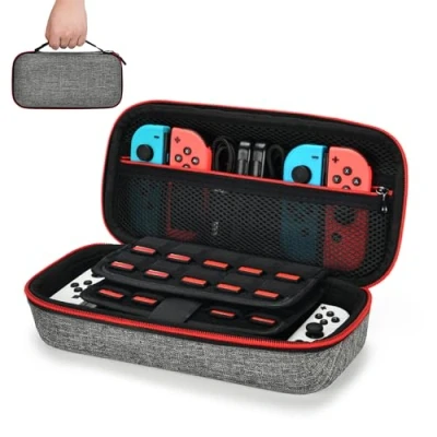 Abbildung von Tasche für NS Switch Younik Verbesserte Version Harte Reise Hülle Case mit größerem Speicherplatz 19 Spiele, offizieller Wechselstromadapter und anderes Zubehör(Grau)