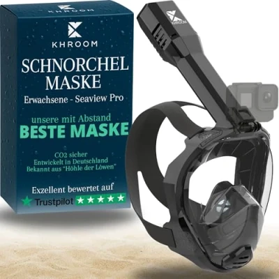 Abbildung von Khroom Schnorchelmaske Erwachsene Vollmaske In Höhle der Löwen vorgestellt Unsere Beste CO2 sichere Tauchermaske Seaview Pro zum Schnorcheln Vollgesichtsmaske (S/M, Schwarz)