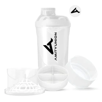 Abbildung von Eiweiß Shaker 700 ml mit 2 Tabletten und Pulver Fächer Deluxe Protein Shaker, BPA frei Sieb Skala für Whey BCCA Shakes, Gym Fitness Becher Isolate Diät Sport Konzentrate Weiß Cup