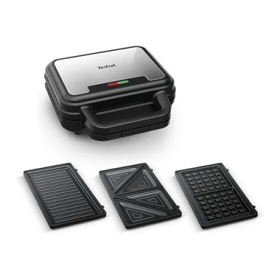 Abbildung von Tefal Ultracompact 3 in 1 Sandwich Waffel Panini Kombigerät, Antihaftbeschichtung, wärmeisolierter Griff, Edelstahl/Schwarz, SW383D10
