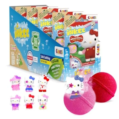 Abbildung von INKEE Hello Kitty 5er Pack Badebomben Kinder mit Überraschung 5 von 6 Figuren zum Sammeln 5x Badekugeln 80g Wassermelone Aroma und Jojobaöl, Rosa oder Rot