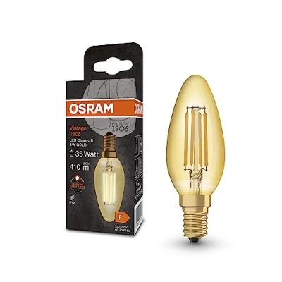 Abbildung von OSRAM Vintage 1906 Classic B FIL LED Lampe, E14, klassische Minikerzenform, gold, 4W, 410lm, 2400K, warmweiße Komfortlichtfarbe, sehr geringer Energieverbrauch, lange Lebensdauer