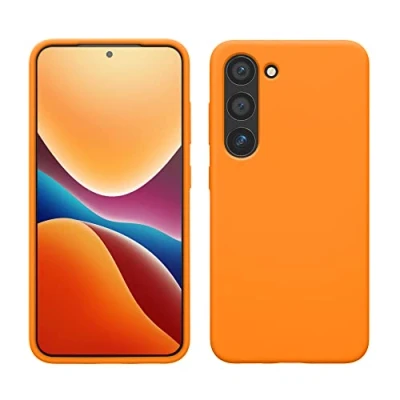 Abbildung von kwmobile Hülle kompatibel mit Samsung Galaxy S23 dünnes Silikon Handy Case stoßfeste Handyhülle weiche Oberfläche Kabelloses Laden Fruity Orange