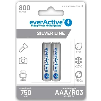 Abbildung von everActive Akku AAA 800 mAh 2 Stück, NI MH, Micro R03, wiederaufladbare Batterien, vorgeladen, Silver Line 1.2V, 1 Blisterkarte