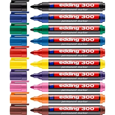 Abbildung von edding 300 Permanentmarker 10 Farben Stifte Rund Spitze 1,5 3mm wasserfest, schnelltrocknend wischfest für Karton, Kunststoff, Glas, Holz, Metall, Glas